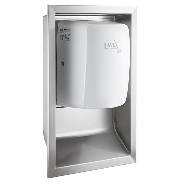 A white stainless steel Lavex hand dryer in a bathroom.