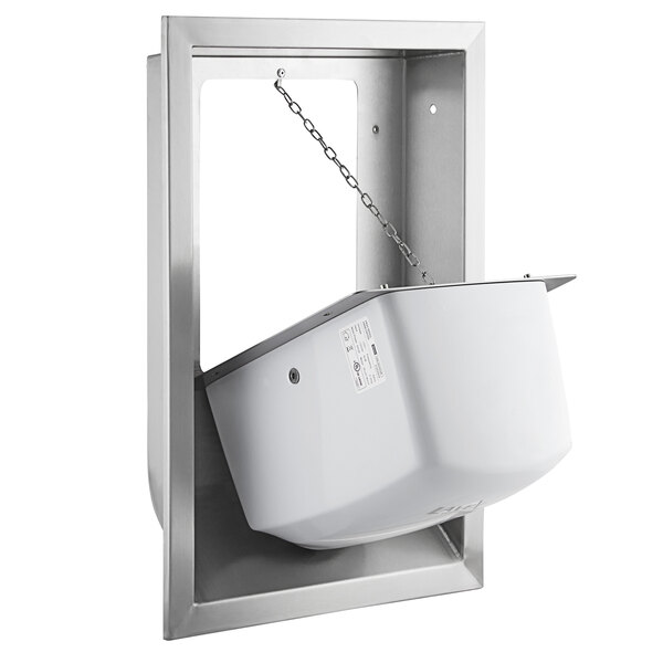 A white Lavex stainless steel automatic hand dryer on a metal pole.