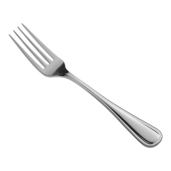 A close-up of a Oneida New Rim stainless steel table fork with a silver handle.