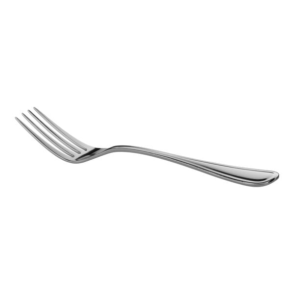 A close-up of the silver handle of a Oneida New Rim European table fork.