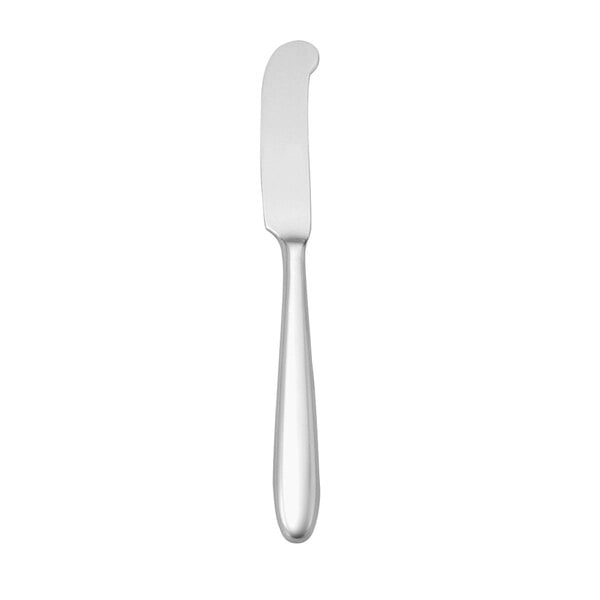 A silver butter knife with a white handle.