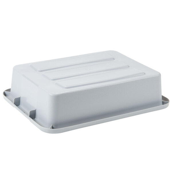 A gray high-density polyethylene bus tub with a strap.