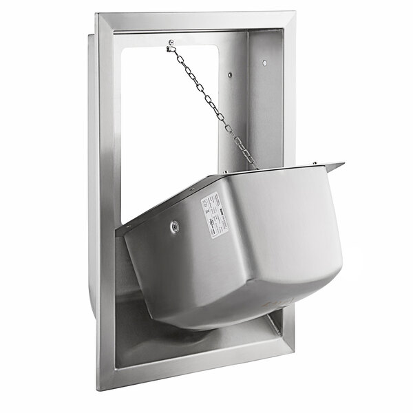 A stainless steel Lavex hand dryer with a chain attached to it.