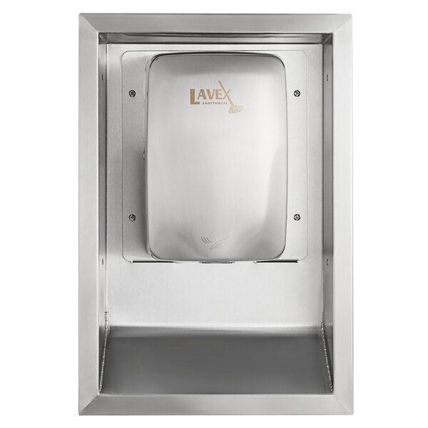 A silver rectangular Lavex hand dryer with a logo on it.