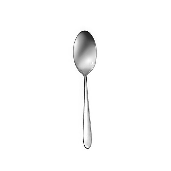 A Oneida Mascagni stainless steel demitasse spoon with a silver handle.