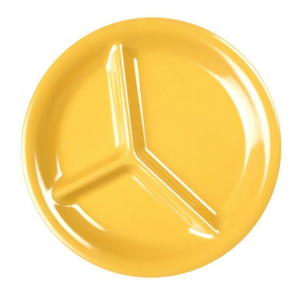 A yellow melamine plate with three compartments.