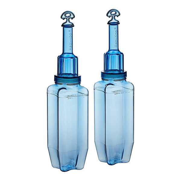 A pair of blue plastic San Jamar Rapi-Kool cooling paddles with blue caps.