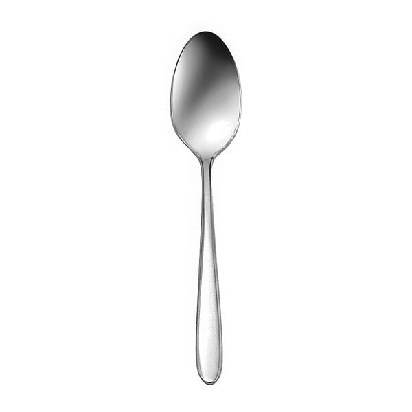 A close-up of a Oneida Mascagni stainless steel teaspoon.