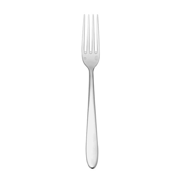 An Oneida Mascagni stainless steel table fork with a silver handle.