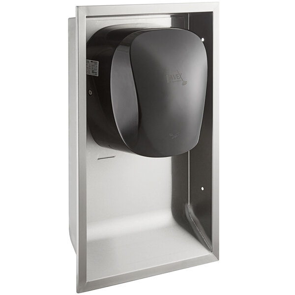 A black stainless steel Lavex automatic hand dryer with a recess kit.