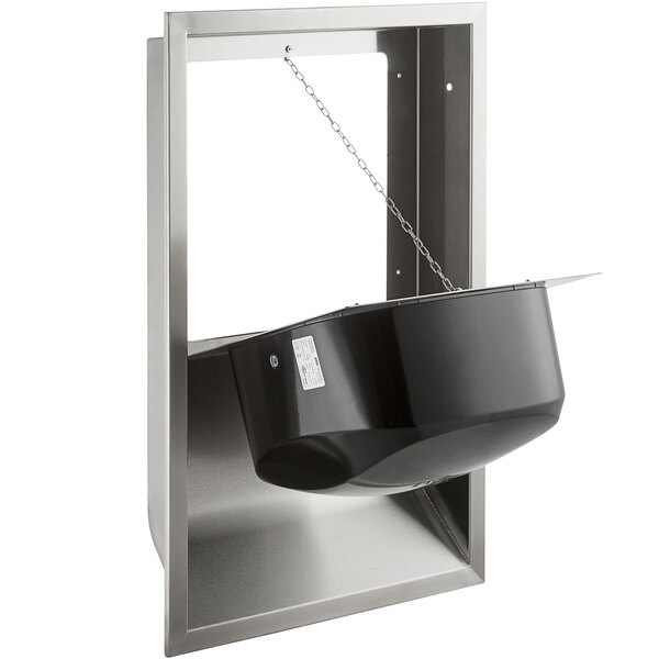 A black stainless steel Lavex hand dryer with a chain from it.