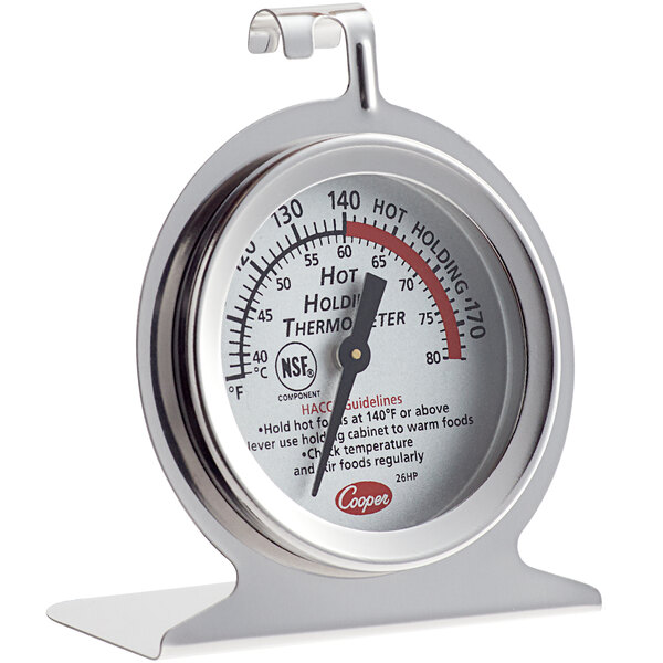 A Cooper-Atkins hot holding thermometer with a red dial.
