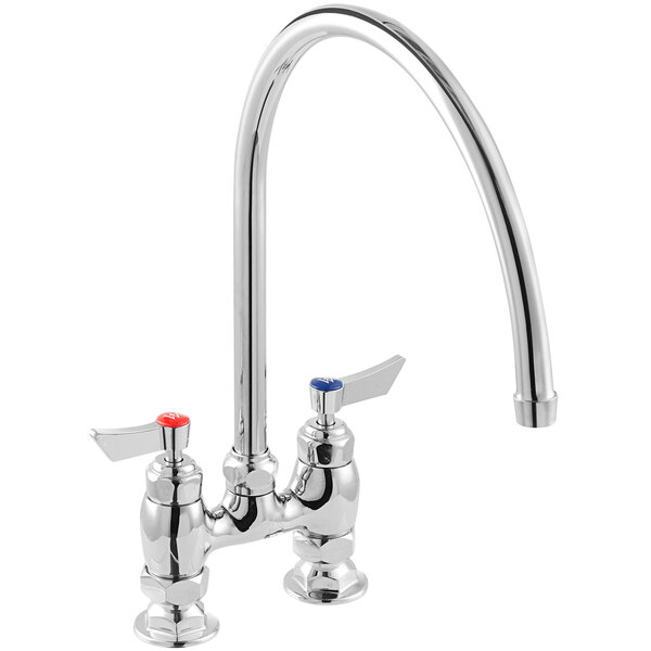 A silver Waterloo deck mount faucet with two silver knob handles and a 12" gooseneck spout.