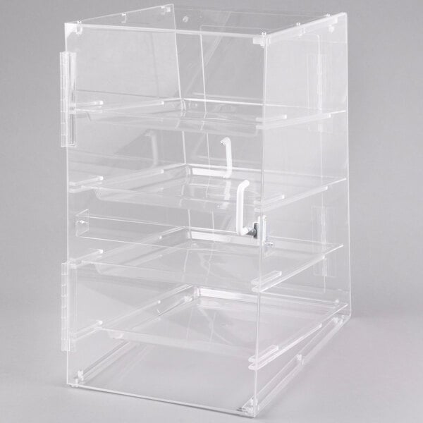 A clear plastic case with four shelves.