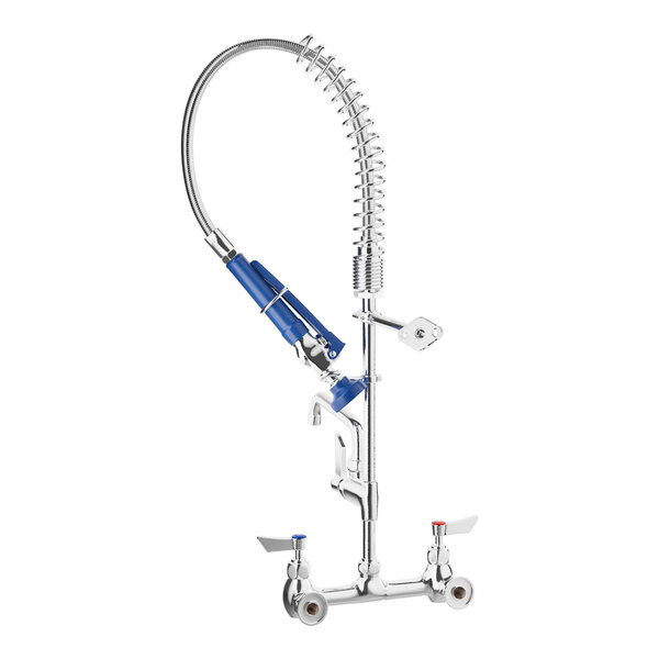 A silver Waterloo low profile wall-mounted pre-rinse faucet with blue accents.