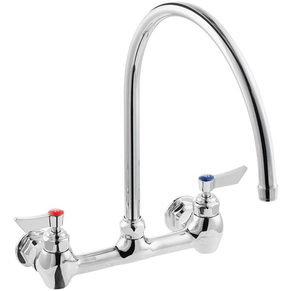 A silver Waterloo wall mount faucet with red and blue knobs.
