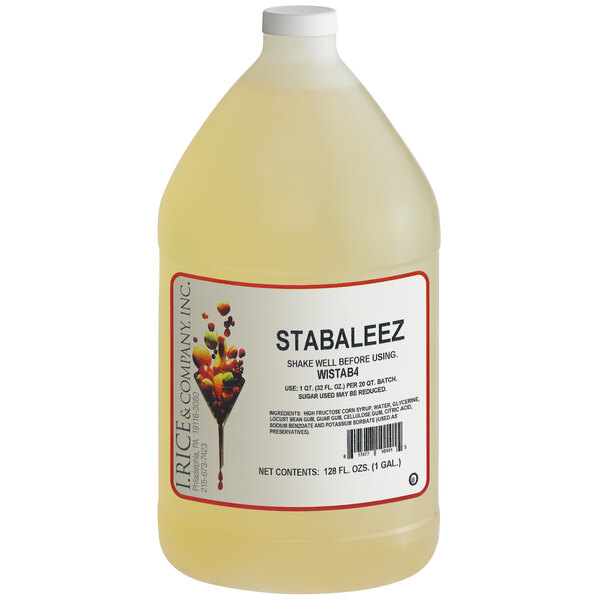 A white labeled gallon bottle of I. Rice Stabalizez liquid.