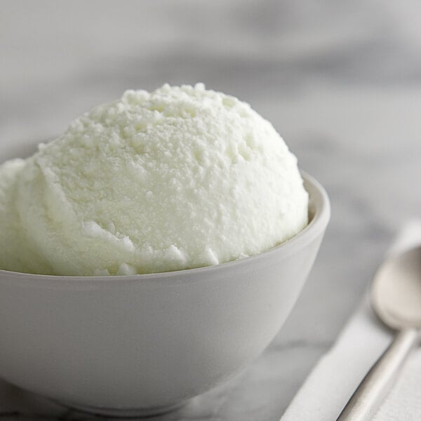 A bowl of I. Rice margarita water ice with a spoon.