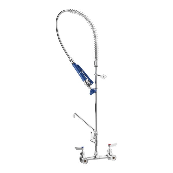 A white and blue Waterloo wall-mounted pre-rinse faucet with a blue and silver hose.