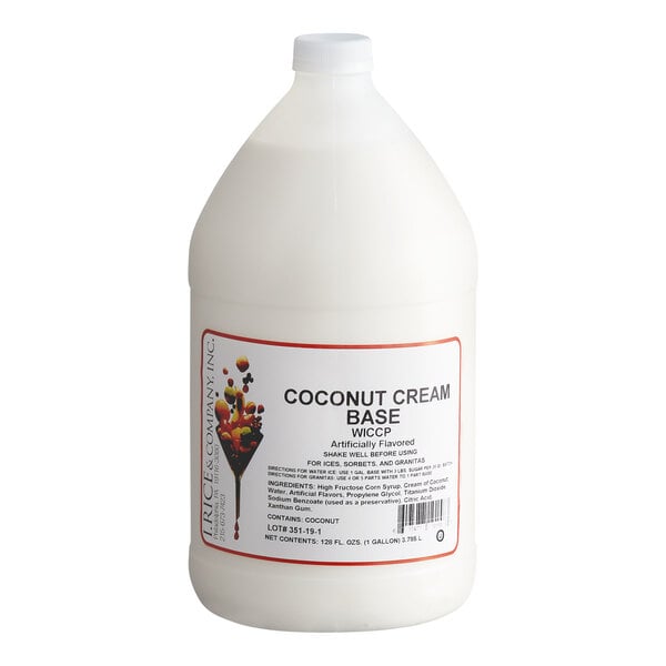A large white plastic jug with a white cap and a label that reads 'Coconut Cream Base' along with product details.