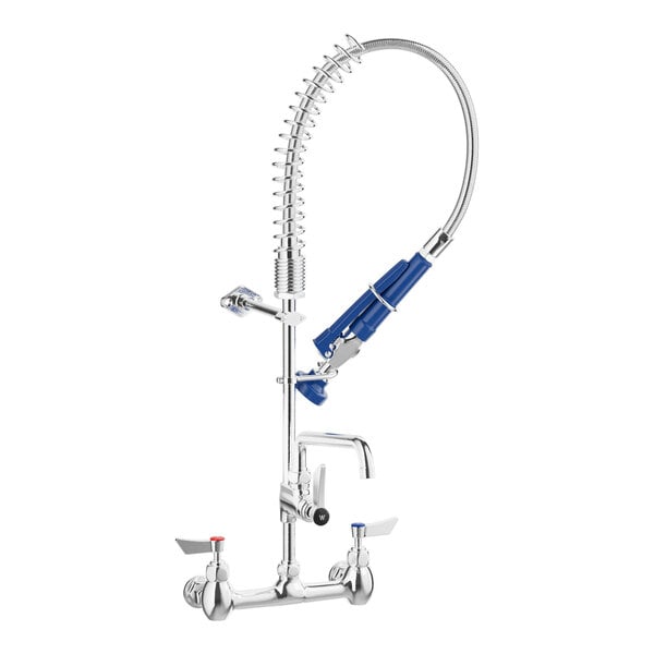 A silver Waterloo low profile wall-mounted pre-rinse faucet with blue handles.