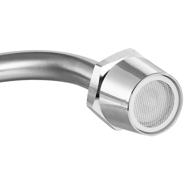 A close-up of a chrome Emperor's Select wok range faucet with a metal hose and white handle.