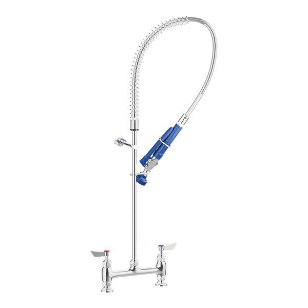 A blue and silver Waterloo deck-mounted pre-rinse faucet with a hose.