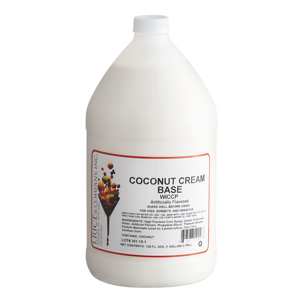 A large white plastic jug with a white cap and a label that reads 'Coconut Cream Base' along with product details.