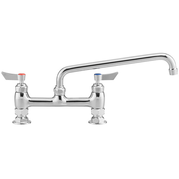 A chrome Waterloo deck-mount faucet with two silver handles and a 12" swing spout.