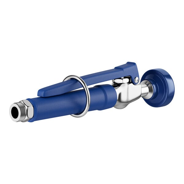 A blue and silver Waterloo pre-rinse spray valve nozzle with a ring on a blue hose.