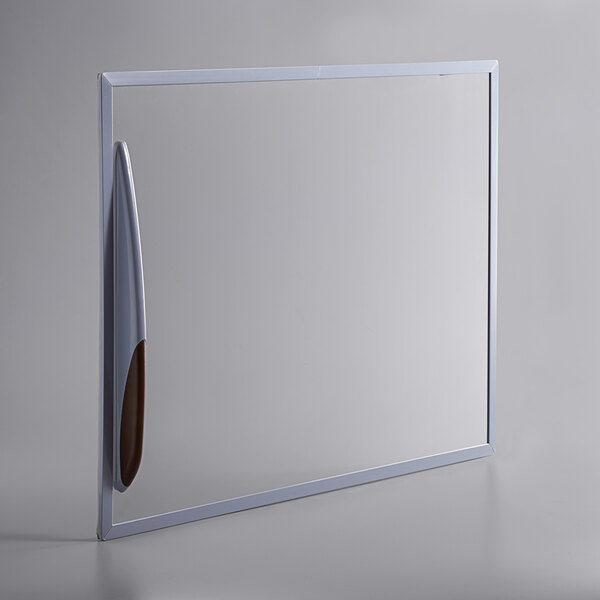 A white rectangular glass lid with a silver metal handle.