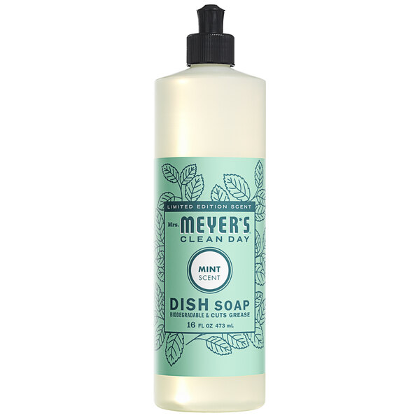 A bottle of Mrs. Meyer's mint scented dish soap with a green label and liquid inside.