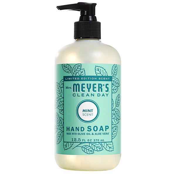 A case of 6 Mrs. Meyer's Clean Day mint scented hand soap bottles on a counter.