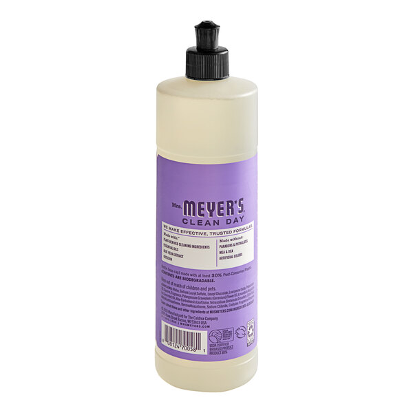A bottle of Mrs. Meyer's Lilac Scented Dish Soap with a purple label.
