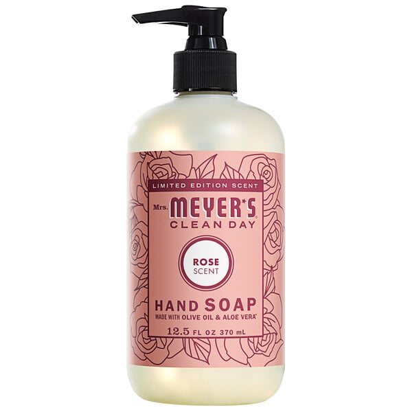 A 6-pack of Mrs. Meyer's Clean Day Rose Scented Hand Soap with a pump.