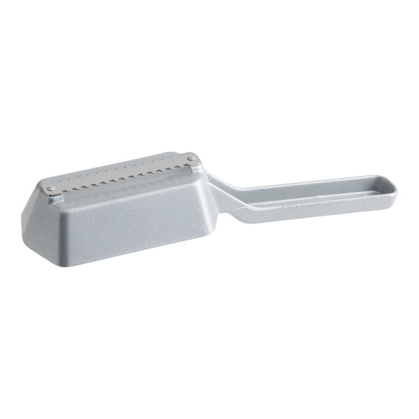 A metal hand tool with a rectangular, ridged head and a long handle, designed for scaling fish.