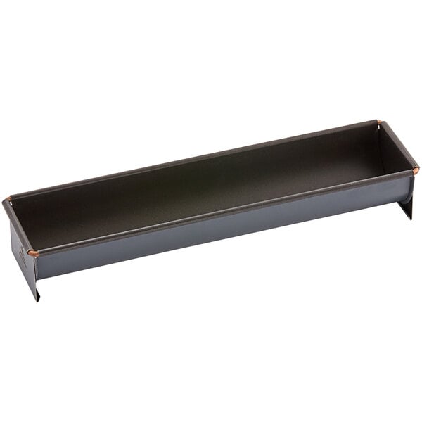 A black metal rectangular cake mold.