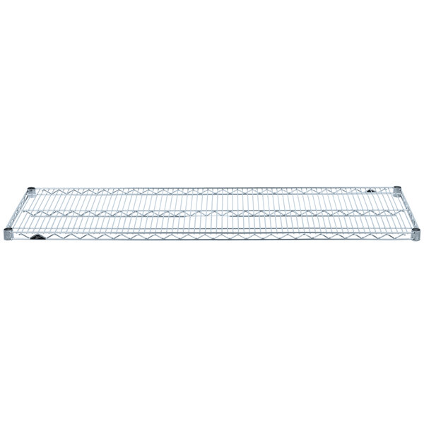 A Metro Super Erecta Brite chrome wire shelf on a white background.