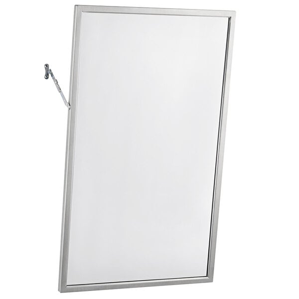 A Bobrick stainless steel angle-frame mirror.