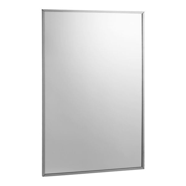 A white rectangular mirror with a stainless steel frame.