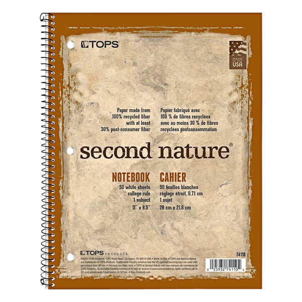 A brown Second Nature 1-subject notebook.