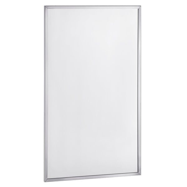 A white rectangular Bobrick wall-mounted mirror with a stainless steel frame.