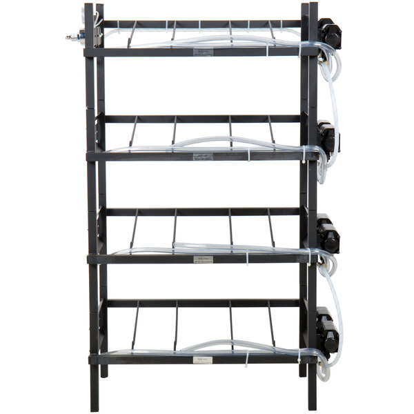 A black metal shelf with black tubes on three levels.