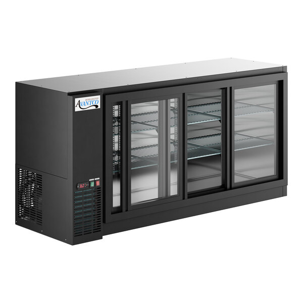 An Avantco black back bar refrigerator with glass sliding doors.