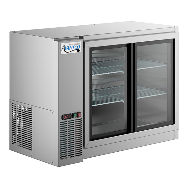 An Avantco stainless steel back bar refrigerator with glass doors.