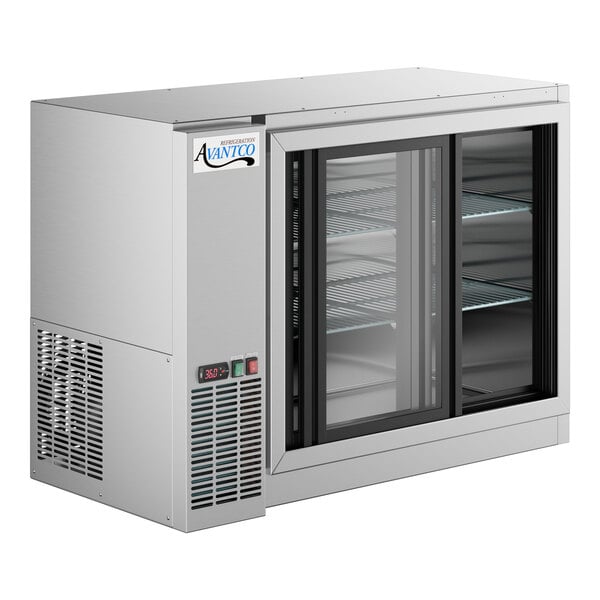 An Avantco back bar refrigerator with sliding glass doors.