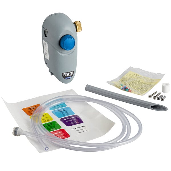 A grey Dema Fusion One manual bottle filling chemical dispenser with a blue button and hose.