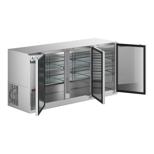 An Avantco stainless steel back bar refrigerator with solid doors.
