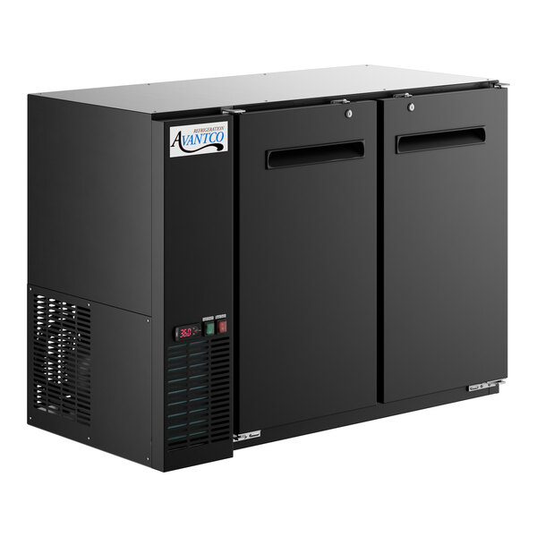 An Avantco black back bar refrigerator with two narrow solid doors.