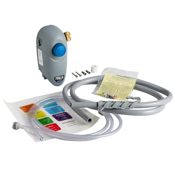 A grey and blue Dema Fusion One manual bucket filling chemical dispenser with a blue button on a grey hose.